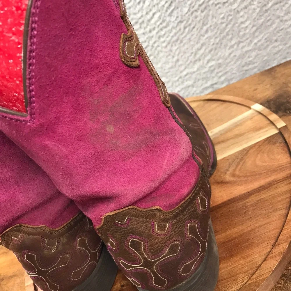 Ariat Crossroads Boots Girls 5.5 Womens 7 Fuschia Suede Cross Embellish Cowgirl